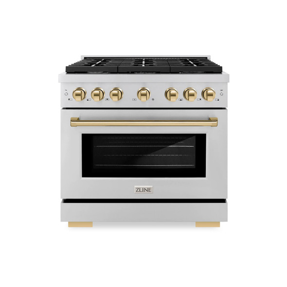 ZLINE 4-Piece Appliance Package - 36-Inch Paramount Autograph Gas Range, Wall Mount Range Hood, 36-Inch French Door Refrigerator, Dishwasher, in Stainless Steel with Gold Accents