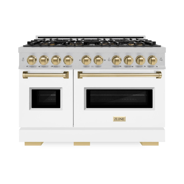 ZLINE Autograph 48-Inch Classic Dual Fuel Range with DuoPro™ Cooktop in Satin Steel with White Doors and Bronze Accents (PCDRSZ-WM-48-CB)