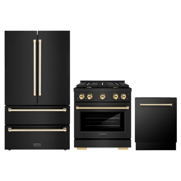 ZLINE 3-Piece Appliance Package - 30-Inch Paramount Dual Fuel Range, 36-Inch French Door Refrigerator, Dishwasher, in Black Stainless Steel with Gold Accents