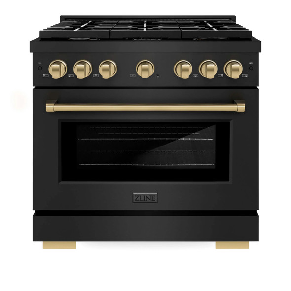 ZLINE 3-Piece Appliance Package - 36-Inch Paramount Dual Fuel Range, 36-Inch French Door Refrigerator, Dishwasher, in Black Stainless Steel with Champagne Bronze Accents