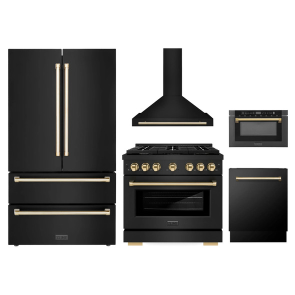 ZLINE 5-Piece Appliance Package - 36-Inch Paramount Dual Fuel Range, Wall Mount Range Hood, 36-Inch French Door Refrigerator, Dishwasher, and 24-Inch Microwave Drawer in Black Stainless Steel with Gold Accents
