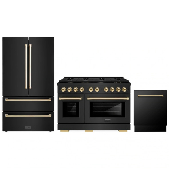 ZLINE 3-Piece Appliance Package - 48-Inch Paramount Gas Range, 36-Inch French Door Refrigerator, Dishwasher, in Black Stainless Steel with Gold Accents