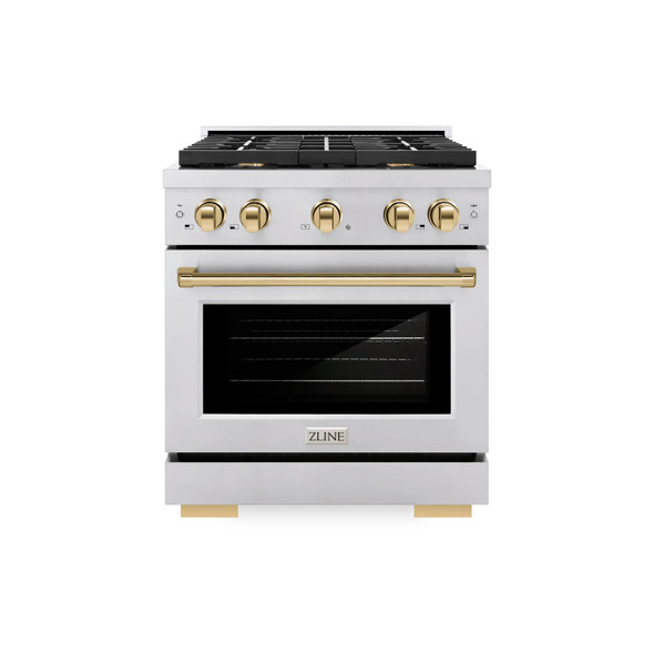 ZLINE 5-Piece Appliance Package - 30-Inch Paramount Autograph Gas Range, Wall Mount Range Hood, 36-Inch French Door Refrigerator, Dishwasher, and 24-Inch Microwave Drawer in Stainless Steel with Gold Accents