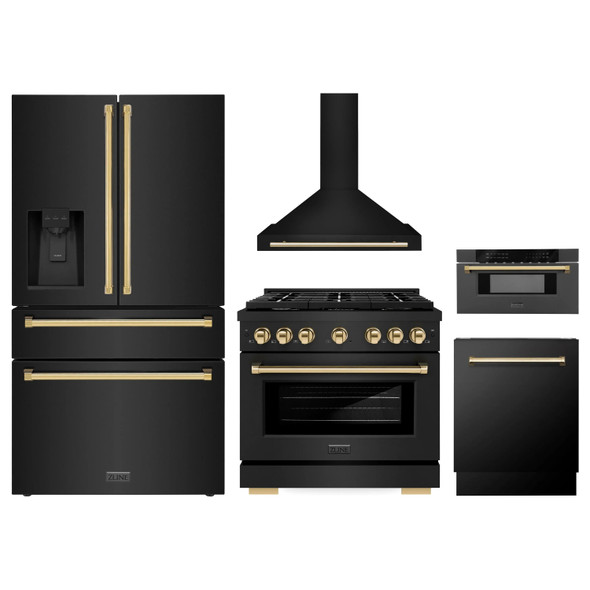 ZLINE 5-Piece Appliance Package - 36-Inch Paramount Dual Fuel Range, Wall Mount Range Hood, 36-Inch French Door Refrigerator with Water Dispenser, Dishwasher, and 30-Inch Microwave Drawer in Black Stainless Steel with Gold Accents