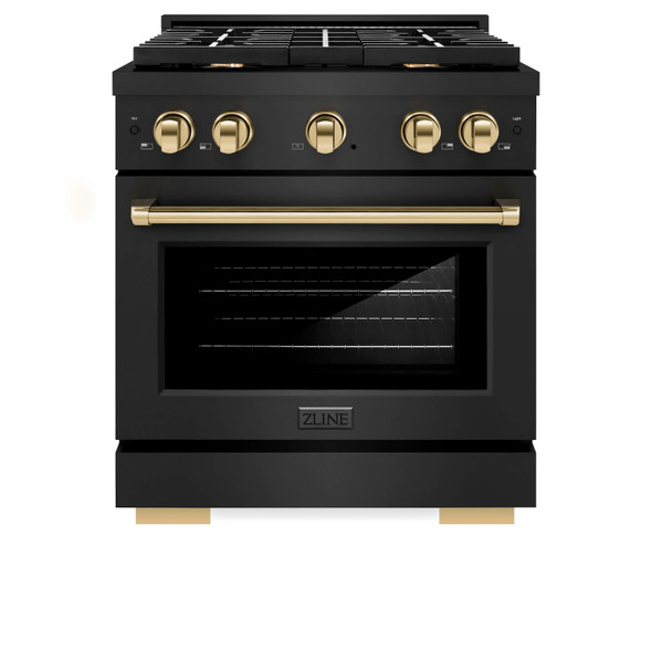 ZLINE 3-Piece Appliance Package - 30-Inch Paramount Dual Fuel Range, 36-Inch French Door Refrigerator with Water Dispenser, Dishwasher, in Black Stainless Steel with Gold Accents