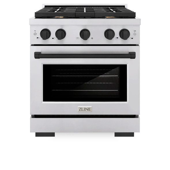 ZLINE 5-Piece Appliance Package - 30-Inch Paramount Autograph Dual Fuel Range, Wall Mount Range Hood, 36-Inch French Door Refrigerator with Water Dispenser, Dishwasher, and 24-Inch Microwave Drawer in Stainless Steel with Matte Black Accents