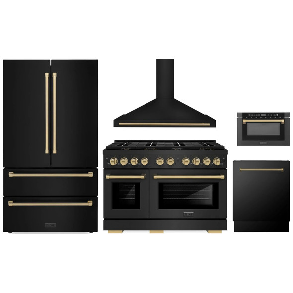 ZLINE 5-Piece Appliance Package - 48-Inch Paramount Gas Range, Wall Mount Range Hood, 36-Inch French Door Refrigerator, Dishwasher, and 24-Inch Microwave Drawer in Black Stainless Steel with Champagne Bronze Accents