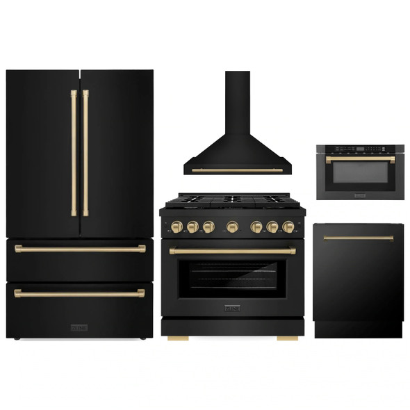 ZLINE 5-Piece Appliance Package - 36-Inch Paramount Gas Range, Wall Mount Range Hood, 36-Inch French Door Refrigerator, Dishwasher, and 24-Inch Microwave Drawer in Black Stainless Steel with Champagne Bronze Accents