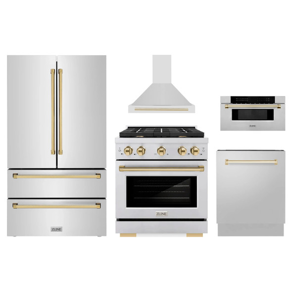 ZLINE 5-Piece Appliance Package - 30-Inch Paramount Dual Fuel Range, Wall Mount Range Hood, 36-Inch French Door Refrigerator, Dishwasher, and 30-Inch Microwave Drawer in Stainless Steel with Gold Accents