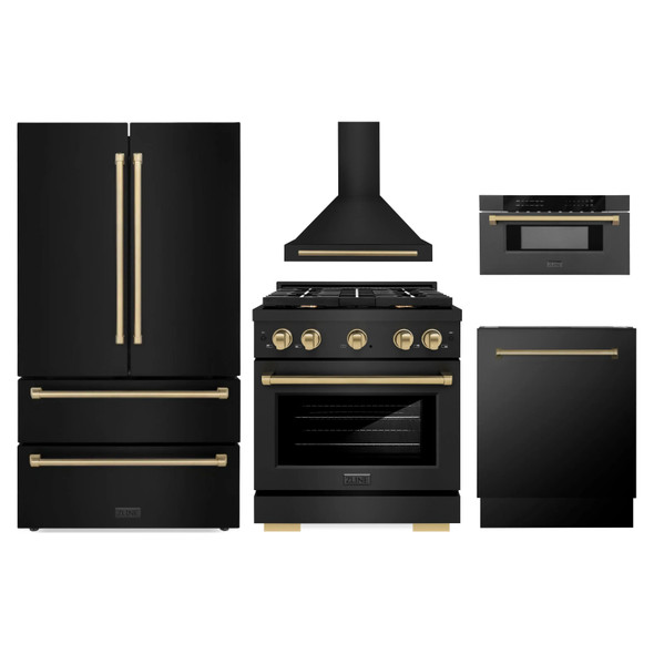 ZLINE 5-Piece Appliance Package - 30-Inch Paramount Gas Range, Wall Mount Range Hood, 36-Inch French Door Refrigerator, Dishwasher, and 30-Inch Microwave Drawer in Black Stainless Steel with Champagne Bronze Accents