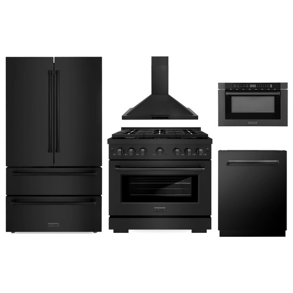 ZLINE 5-Piece Appliance Package - 36-Inch Paramount Dual Fuel Range, Wall Mount Range Hood, 36-Inch French Door Refrigerator, Dishwasher, and 24-Inch Microwave Drawer in Black Stainless Steel