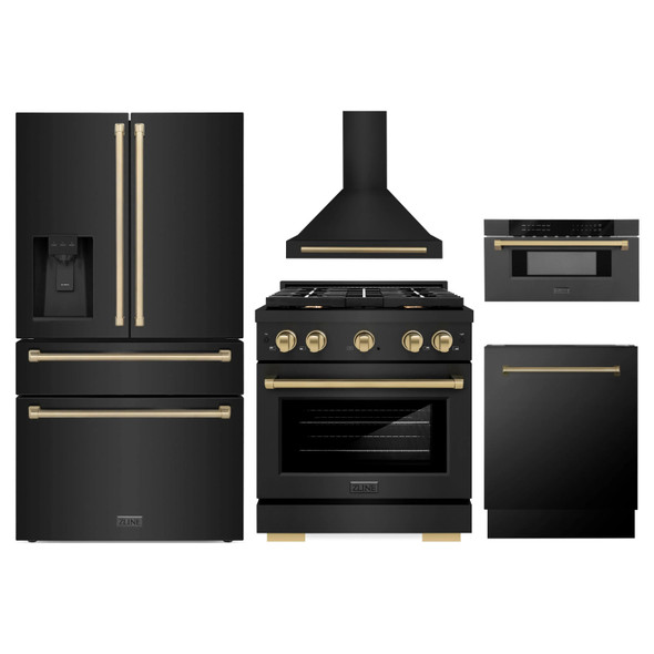 ZLINE 5-Piece Appliance Package - 30-Inch Paramount Dual Fuel Range, Wall Mount Range Hood, 36-Inch French Door Refrigerator with Water Dispenser, Dishwasher, and 30-Inch Microwave Drawer in Black Stainless Steel with Champagne Bronze Accents