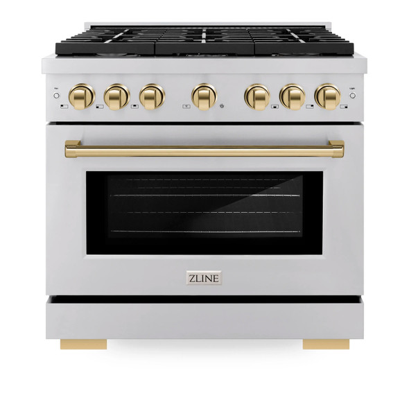 ZLINE 3-Piece Appliance Package - 36-Inch Paramount Autograph Dual Fuel Range, 36-Inch French Door Refrigerator, Dishwasher, in Stainless Steel with Gold Accents