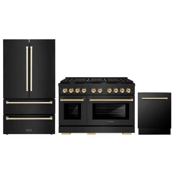 ZLINE 3-Piece Appliance Package - 48-Inch Paramount Dual Fuel Range, 36-Inch French Door Refrigerator, Dishwasher, in Black Stainless Steel with Gold Accents