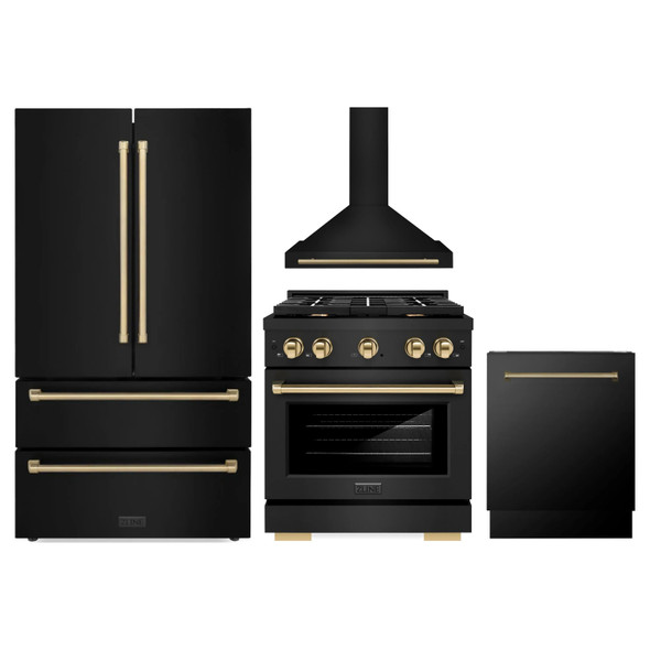 ZLINE 4-Piece Appliance Package - 36-Inch Paramount Dual Fuel Range, Wall Mount Range Hood, 36-Inch French Door Refrigerator, Dishwasher, in Black Stainless Steel with Champagne Bronze Accents