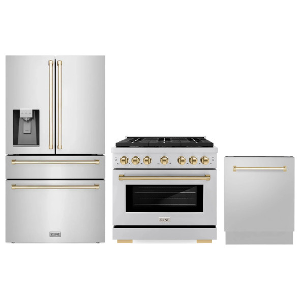 ZLINE 3-Piece Appliance Package - 36-Inch Paramount Autograph Dual Fuel Range, 36-Inch French Door Refrigerator with Water Dispenser, Dishwasher, in Stainless Steel with Gold Accents