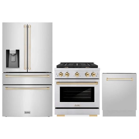 ZLINE 3-Piece Appliance Package - 30-Inch Paramount Autograph Gas Range, 36-Inch French Door Refrigerator with Water Dispenser, Dishwasher, in Stainless Steel with Gold Accents