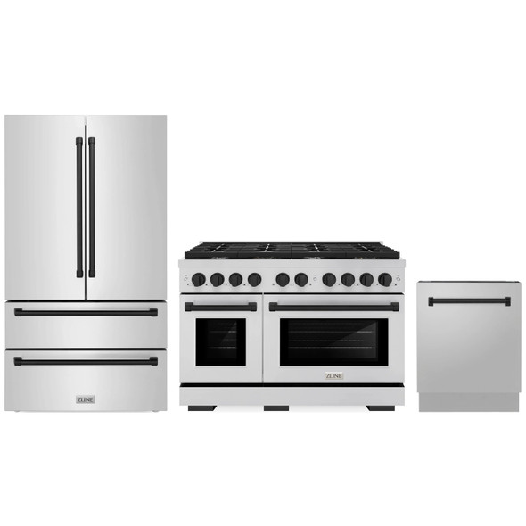 ZLINE 3-Piece Appliance Package - 48-Inch Paramount Autograph Dual Fuel Range, 36-Inch French Door Refrigerator, Dishwasher, in Stainless Steel with Matte Black Accents
