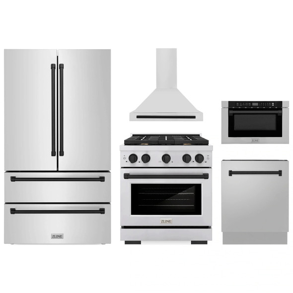ZLINE 5-Piece Appliance Package - 30-Inch Paramount Dual Fuel Range, Wall Mount Range Hood, 36-Inch French Door Refrigerator, Dishwasher, and 24-Inch Microwave Drawer in Stainless Steel with Matte Black Accents