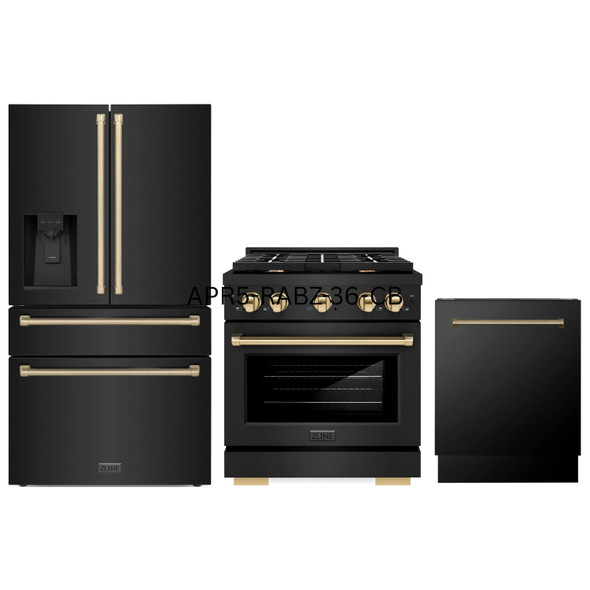 ZLINE 3-Piece Appliance Package - 36-Inch Paramount Dual Fuel Range, 36-Inch French Door Refrigerator with Water Dispenser, Dishwasher, in Black Stainless Steel with Champagne Bronze Accents
