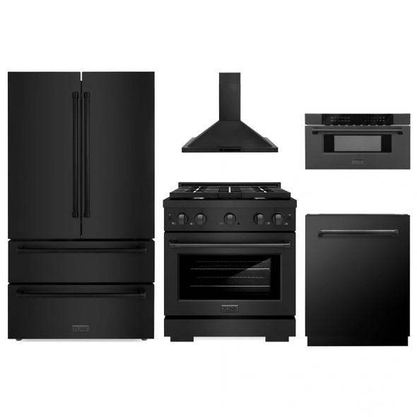 ZLINE 5-Piece Appliance Package - 30-Inch Paramount Gas Range, Wall Mount Range Hood, 36-Inch French Door Refrigerator, Dishwasher, and 30-Inch Microwave Drawer in Black Stainless Steel