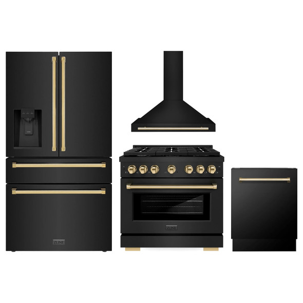 ZLINE 4-Piece Appliance Package - 36-Inch Paramount Dual Fuel Range, Wall Mount Range Hood, 36-Inch French Door Refrigerator with Water Dispenser, Dishwasher, in Black Stainless Steel with Gold Accents