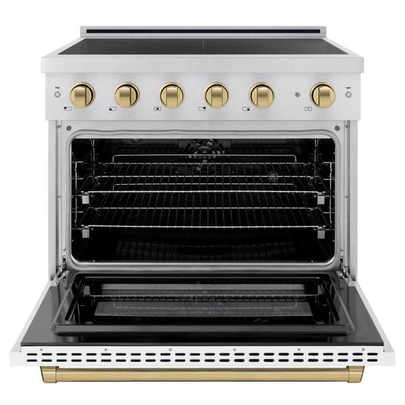 ZLINE Autograph Edition 36-Inch 5.2 Cu. Ft. Paramount Induction Range with 5 Element Cooktop and Electric Convection Oven in Satin Stainless Steel with White Matte Door and Champagne Bronze Accents (SINRSZ-WM-36-CB)
