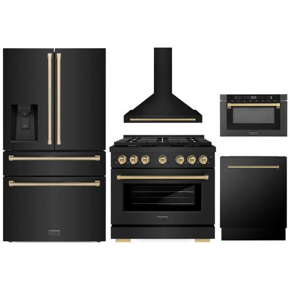 ZLINE 5-Piece Appliance Package - 36-Inch Paramount Gas Range, Wall Mount Range Hood, 36-Inch French Door Refrigerator with Water Dispenser, Dishwasher, and 24-Inch Microwave Drawer in Black Stainless Steel with Champagne Bronze Accents