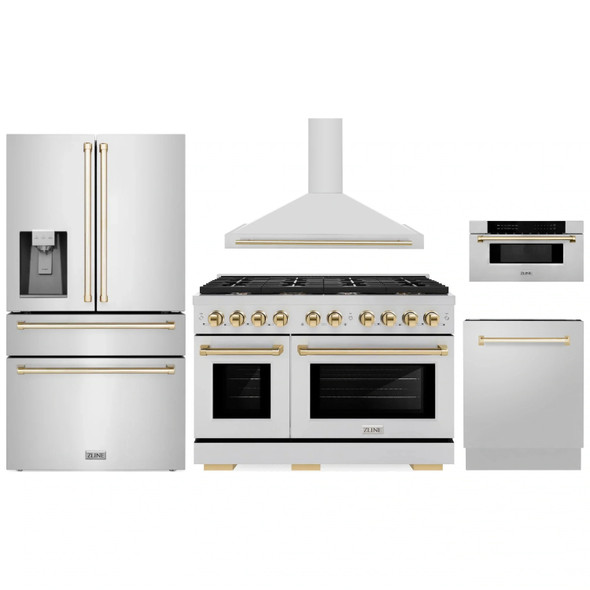 ZLINE 5-Piece Appliance Package - 48-Inch Paramount Autograph Gas Range, Wall Mount Range Hood, 36-Inch French Door Refrigerator with Water Dispenser, Dishwasher, and 30-Inch Microwave Drawer in Stainless Steel with Gold Accents