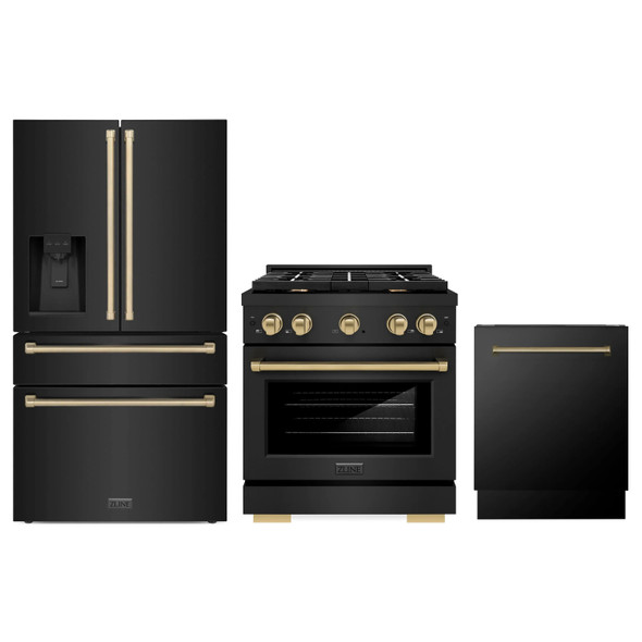 ZLINE 3-Piece Appliance Package - 30-Inch Paramount Gas Range, 36-Inch French Door Refrigerator with Water Dispenser, Dishwasher, in Black Stainless Steel with Champagne Bronze Accents
