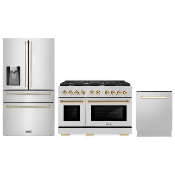 ZLINE 3-Piece Appliance Package - 48-Inch Paramount Autograph Dual Fuel Range, 36-Inch French Door Refrigerator with Water Dispenser, Dishwasher, in Stainless Steel with Gold Accents