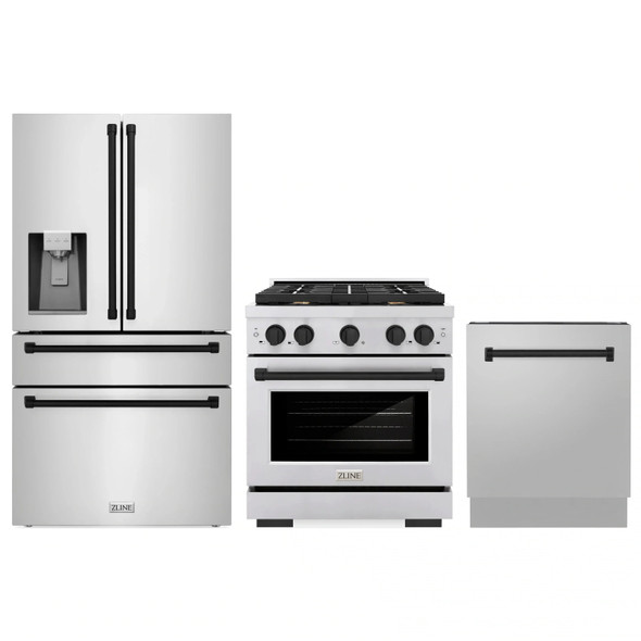 ZLINE 3-Piece Appliance Package - 30-Inch Paramount Autograph Gas Range, 36-Inch French Door Refrigerator with Water Dispenser, Dishwasher, in Stainless Steel with Matte Black Accents