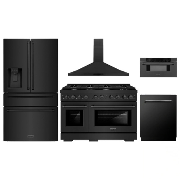 ZLINE 5-Piece Appliance Package - 48-Inch Paramount Dual Fuel Range, Wall Mount Range Hood, 36-Inch French Door Refrigerator with Water Dispenser, Dishwasher, and 30-Inch Microwave Drawer in Black Stainless Steel
