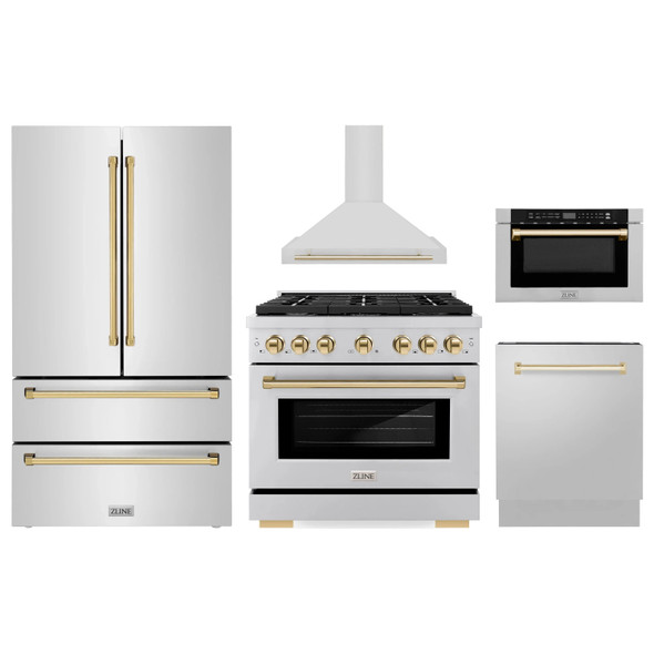 ZLINE 5-Piece Appliance Package - 36-Inch Paramount Dual Fuel Range, Wall Mount Range Hood, 36-Inch French Door Refrigerator, Dishwasher, and 24-Inch Microwave Drawer in Stainless Steel with Gold Accents