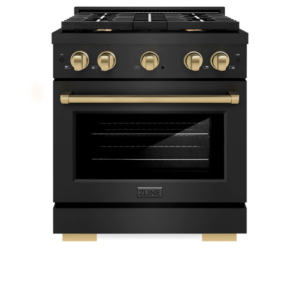 ZLINE 5-Piece Appliance Package - 30-Inch Paramount Dual Fuel Range, Wall Mount Range Hood, 36-Inch French Door Refrigerator with Water Dispenser, Dishwasher, and 24-Inch Microwave Drawer in Black Stainless Steel with Champagne Bronze Accents
