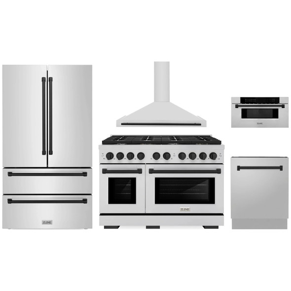 ZLINE 5-Piece Appliance Package - 48-Inch Paramount Dual Fuel Range, Wall Mount Range Hood, 36-Inch French Door Refrigerator, Dishwasher, and 30-Inch Microwave Drawer in Stainless Steel with Matte Black Accents