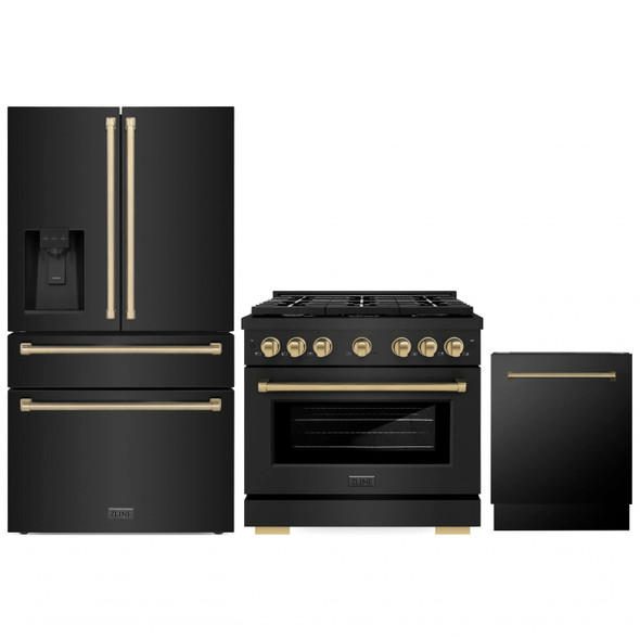 ZLINE 3-Piece Appliance Package - 36-Inch Paramount Gas Range, 36-Inch French Door Refrigerator with Water Dispenser, Dishwasher, in Black Stainless Steel with Champagne Bronze Accents