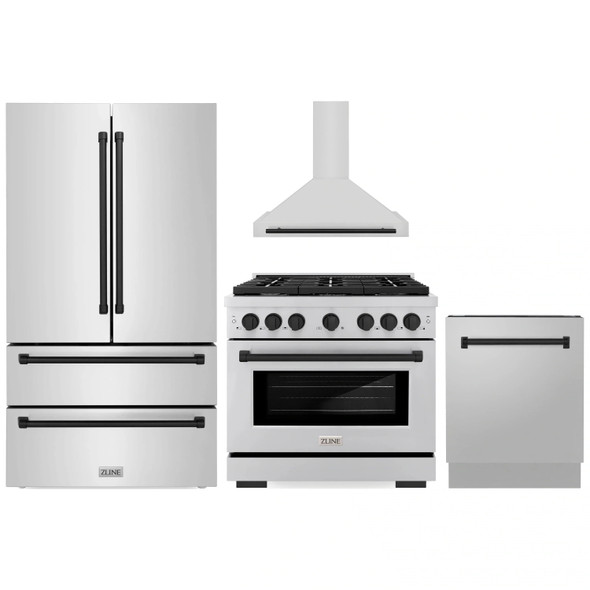 ZLINE 4-Piece Appliance Package - 36-Inch Paramount Autograph Dual Fuel Range, Wall Mount Range Hood, 36-Inch French Door Refrigerator, Dishwasher, in Stainless Steel with Matte Black Accents
