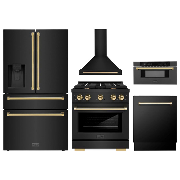 ZLINE 5-Piece Appliance Package - 30-Inch Paramount Gas Range, Wall Mount Range Hood, 36-Inch French Door Refrigerator with Water Dispenser, Dishwasher, and 30-Inch Microwave Drawer in Black Stainless Steel with Gold Accents