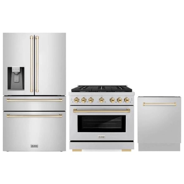 ZLINE 3-Piece Appliance Package - 36-Inch Paramount Autograph Gas Range, 36-Inch French Door Refrigerator with Water Dispenser, Dishwasher, in Stainless Steel with Gold Accents