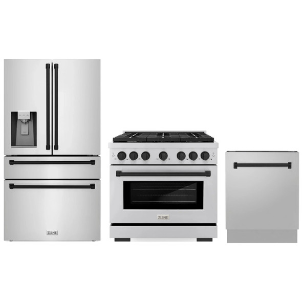 ZLINE 3-Piece Appliance Package - 36-Inch Paramount Autograph Gas Range, 36-Inch French Door Refrigerator with Water Dispenser, Dishwasher, in Stainless Steel with Matte Black Accents