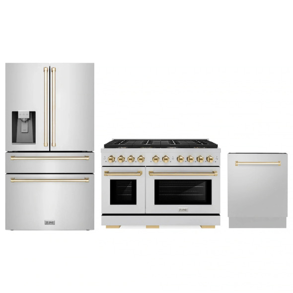 ZLINE 3-Piece Appliance Package - 48-Inch Paramount Autograph Gas Range, 36-Inch French Door Refrigerator with Water Dispenser, Dishwasher, in Stainless Steel with Gold Accents