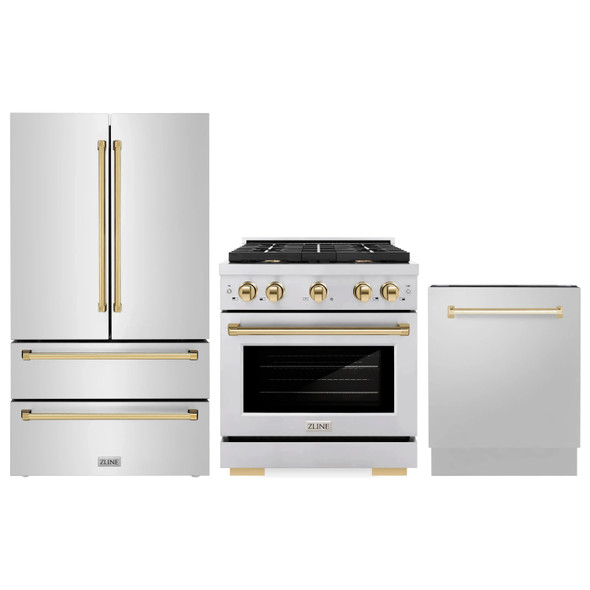 ZLINE 3-Piece Appliance Package - 30-Inch Paramount Autograph Gas Range, 36-Inch French Door Refrigerator, Dishwasher, in Stainless Steel with Gold Accents