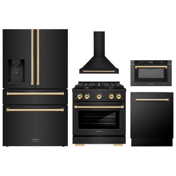 ZLINE 5-Piece Appliance Package - 30-Inch Paramount Dual Fuel Range, Wall Mount Range Hood, 36-Inch French Door Refrigerator with Water Dispenser, Dishwasher, and 24-Inch Microwave Drawer in Black Stainless Steel with Gold Accents