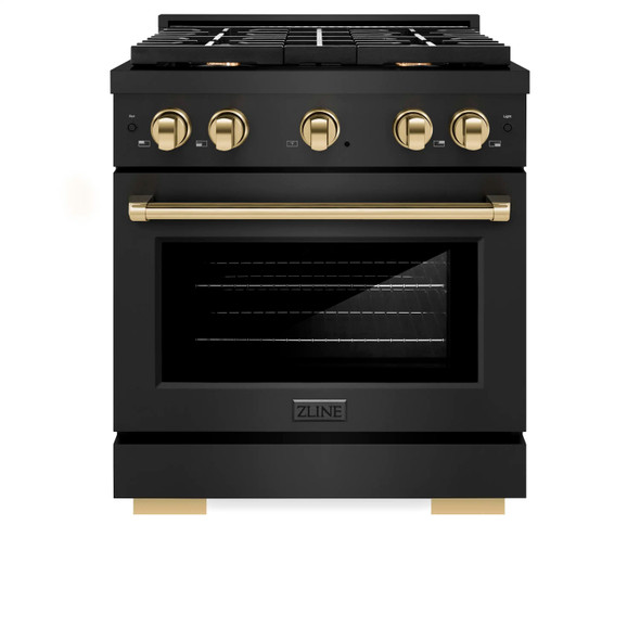 ZLINE 3-Piece Appliance Package - 30-Inch Paramount Gas Range, 36-Inch French Door Refrigerator, Dishwasher, in Black Stainless Steel with Gold Accents