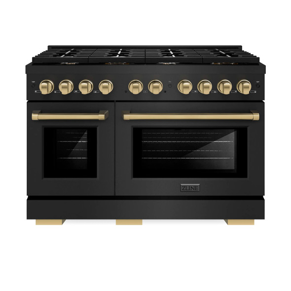 ZLINE 5-Piece Appliance Package - 48-Inch Paramount Dual Fuel Range, Wall Mount Range Hood, 36-Inch French Door Refrigerator with Water Dispenser, Dishwasher, and 24-Inch Microwave Drawer in Black Stainless Steel with Champagne Bronze Accents