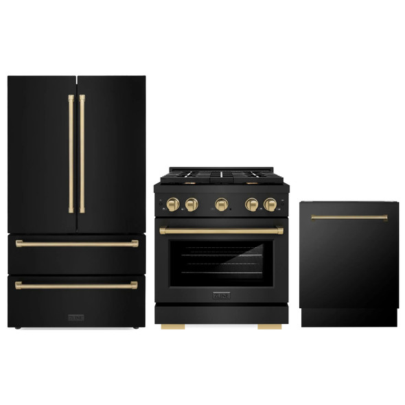 ZLINE 3-Piece Appliance Package - 30-Inch Paramount Gas Range, 36-Inch French Door Refrigerator, Dishwasher, in Black Stainless Steel with Champagne Bronze Accents