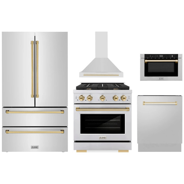 ZLINE 5-Piece Appliance Package - 30-Inch Paramount Dual Fuel Range, Wall Mount Range Hood, 36-Inch French Door Refrigerator, Dishwasher, and 24-Inch Microwave Drawer in Stainless Steel with Gold Accents