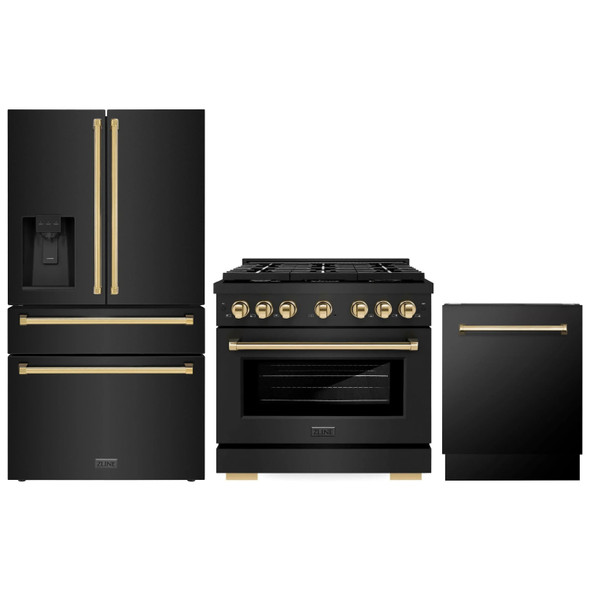 ZLINE 3-Piece Appliance Package - 36-Inch Paramount Gas Range, 36-Inch French Door Refrigerator with Water Dispenser, Dishwasher, in Black Stainless Steel with Gold Accents
