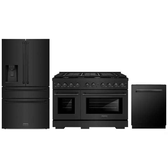 ZLINE 3-Piece Appliance Package - 48-Inch Paramount Gas Range, 36-Inch French Door Refrigerator with Water Dispenser, Dishwasher, in Black Stainless Steel